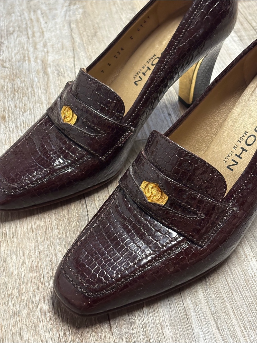 St. John Croc-Embossed Heeled Loafers in Mahogany Brown with Gold Coin Accent